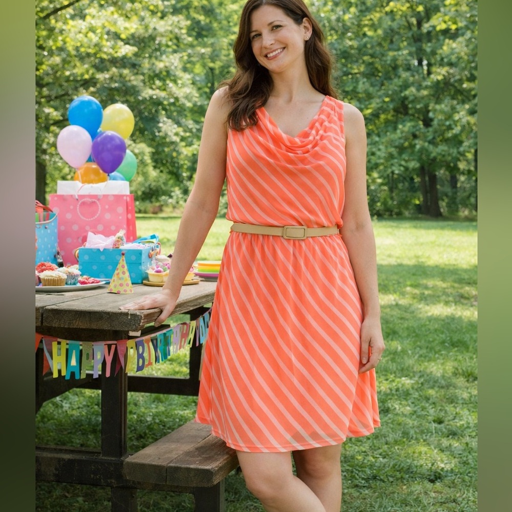 Express Neon Orange Striped Cowl Neck Knee Length Dress S Summer Preppy Indie